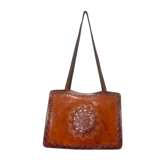 Vintage Brown Leather Tote Shoulder Bag 3D Design Zip Closure - Picture 1 of 8